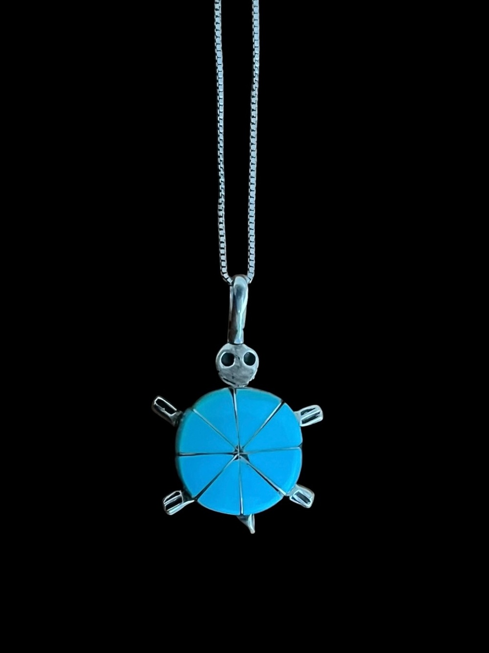 Zuni Johnson Laweka 925 Rare Sleeping Beauty Turquoise Inlay Turtle Necklace 18”